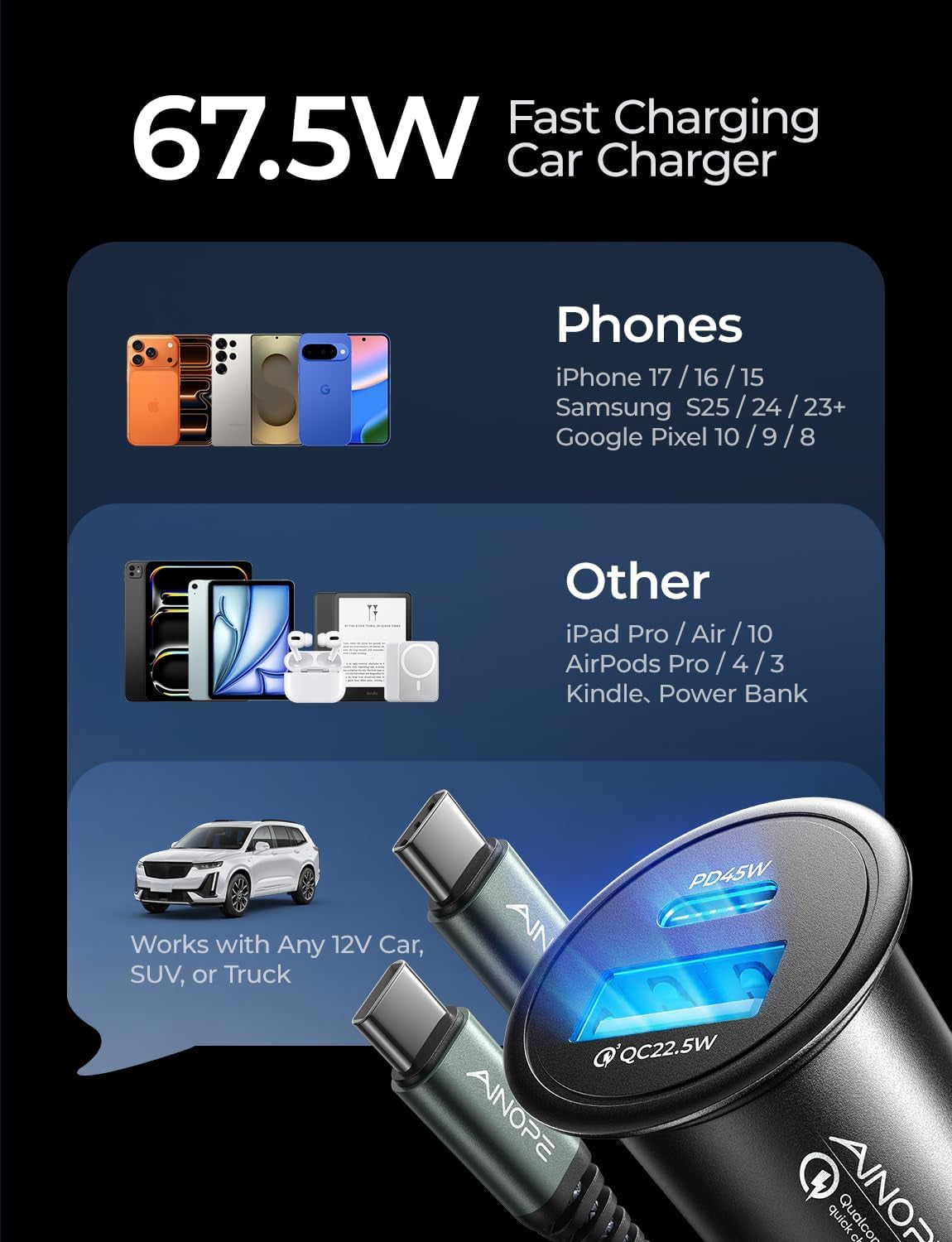 USB C Car Charger 48W Super Mini  All Metal Fast USB Car Charger Adapter PD&QC 3.0 Dual Port Compatible with Iphone 13 12 11 Pro Max X XR XS 8 Samsung Galaxy Note 20/10 S21/20/10 Google Pixel
