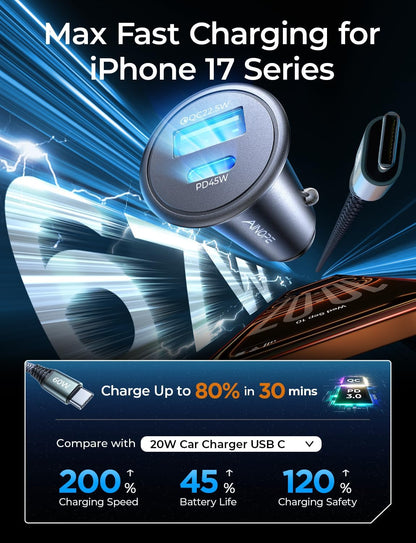 USB C Car Charger 48W Super Mini  All Metal Fast USB Car Charger Adapter PD&QC 3.0 Dual Port Compatible with Iphone 13 12 11 Pro Max X XR XS 8 Samsung Galaxy Note 20/10 S21/20/10 Google Pixel